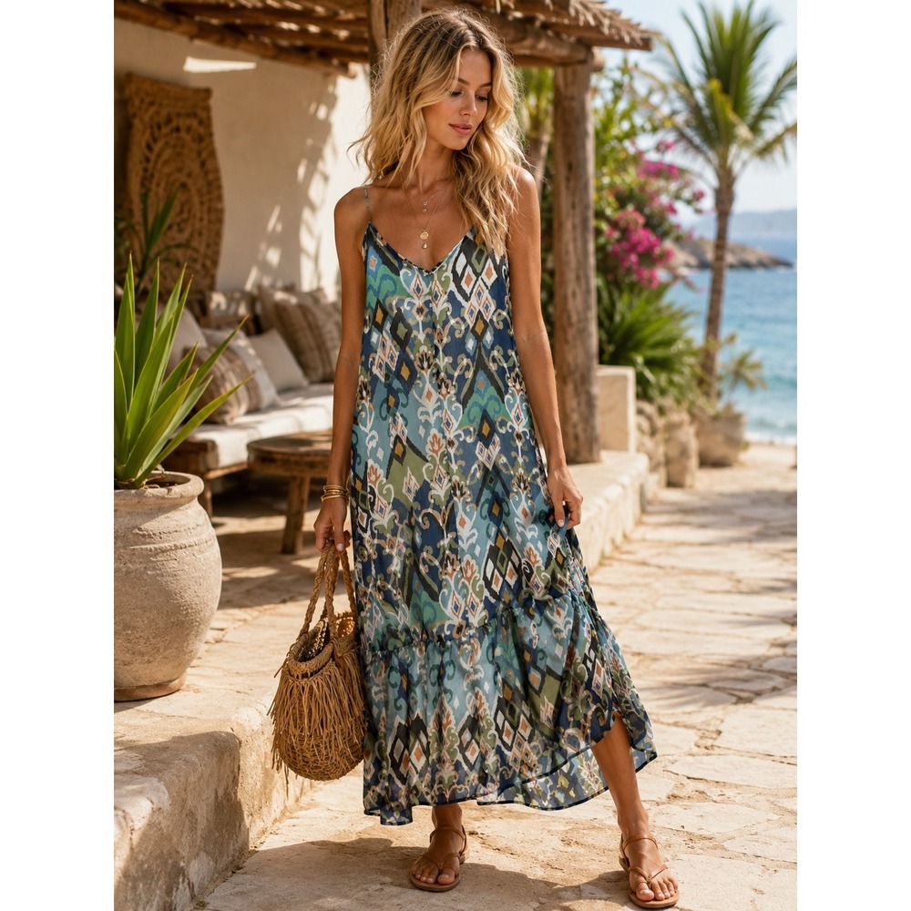 NEW Cerule Boho Aztec Blue Teal Midi Dress‎ Medium V-Neck Tie Back Flowy